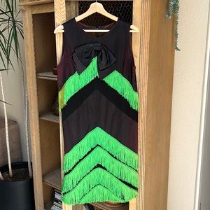 Vintage Alison Ayres Green Fringed Black Sleeveless Dress